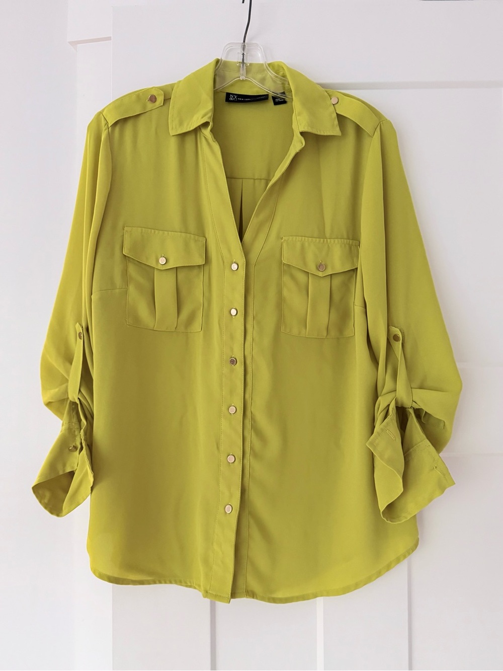 New York & Co Relaxed Lime Green Utility Button Up Blouse, Size Medium